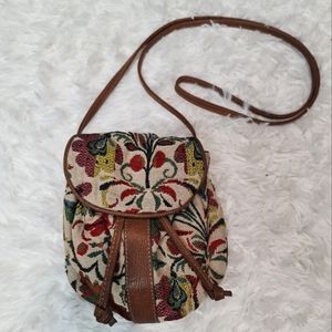 Joe Boxer Crossbody Purse Floral Stitched Leather Trim Snap Close Cinch Adjust